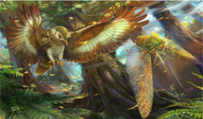 An illustration of a bird flying after a giant cicada